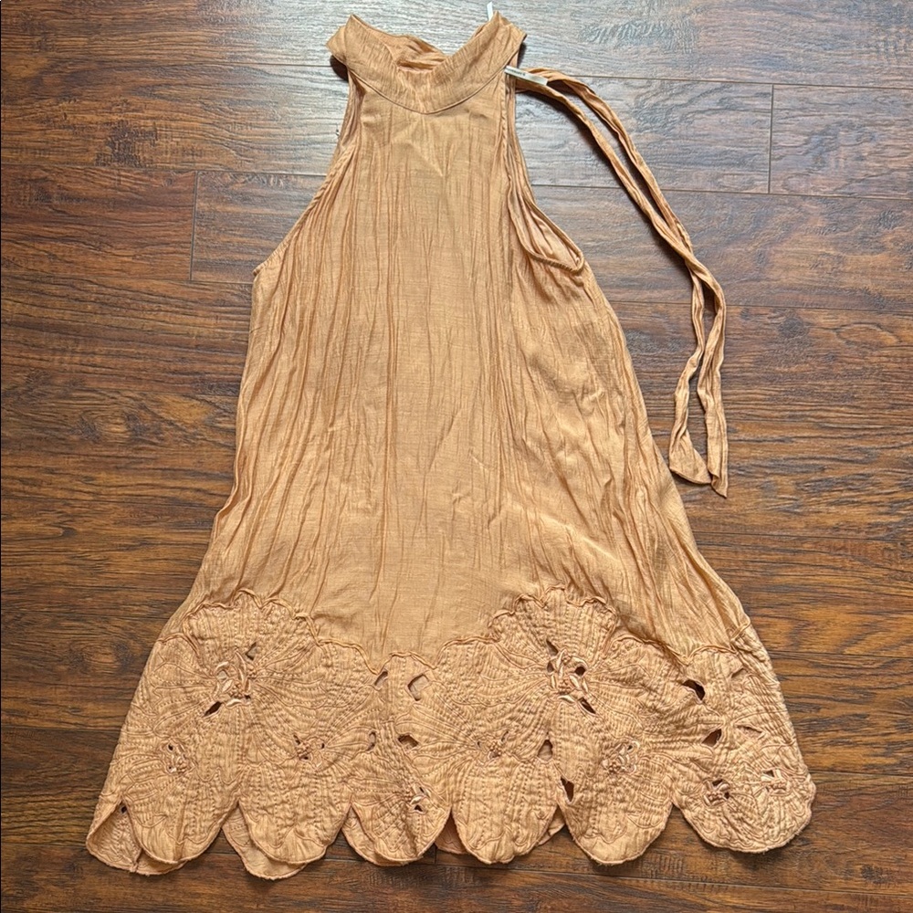 Anthropology - Boho Tan Sleeveless Dress with Lace Hem